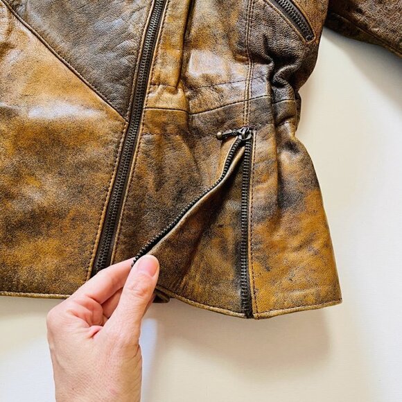 Vintage 100% Leather Tan Brown Moto Bomber Zipper Biker Distressed Pockets Mediu - Picture 6 of 13